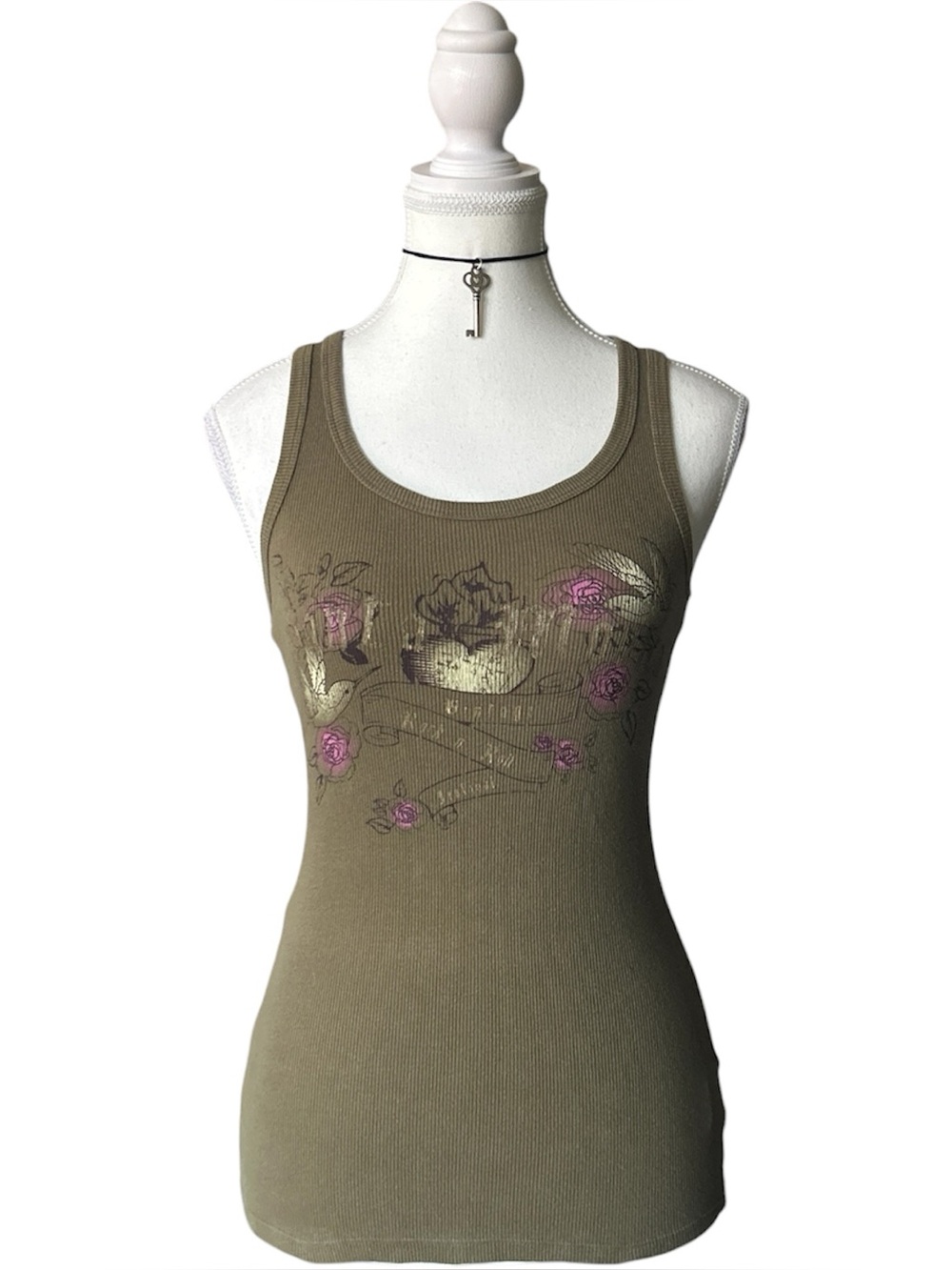 Y2K Style Dark Olive Green Ribbed Graphic Tank Top